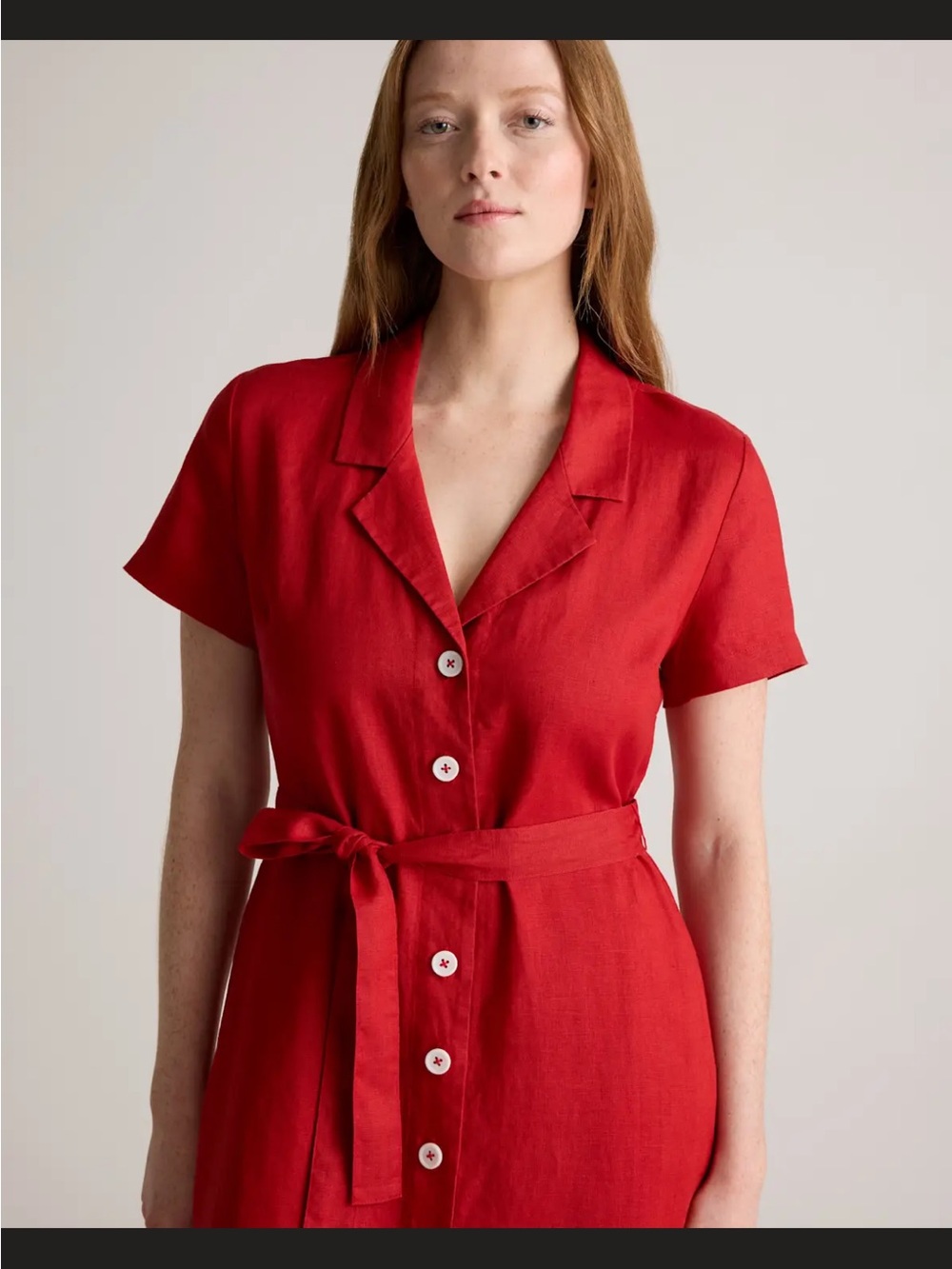 Quince 100% Linen Button-Front Midi Dress in Tomato Red - NWT